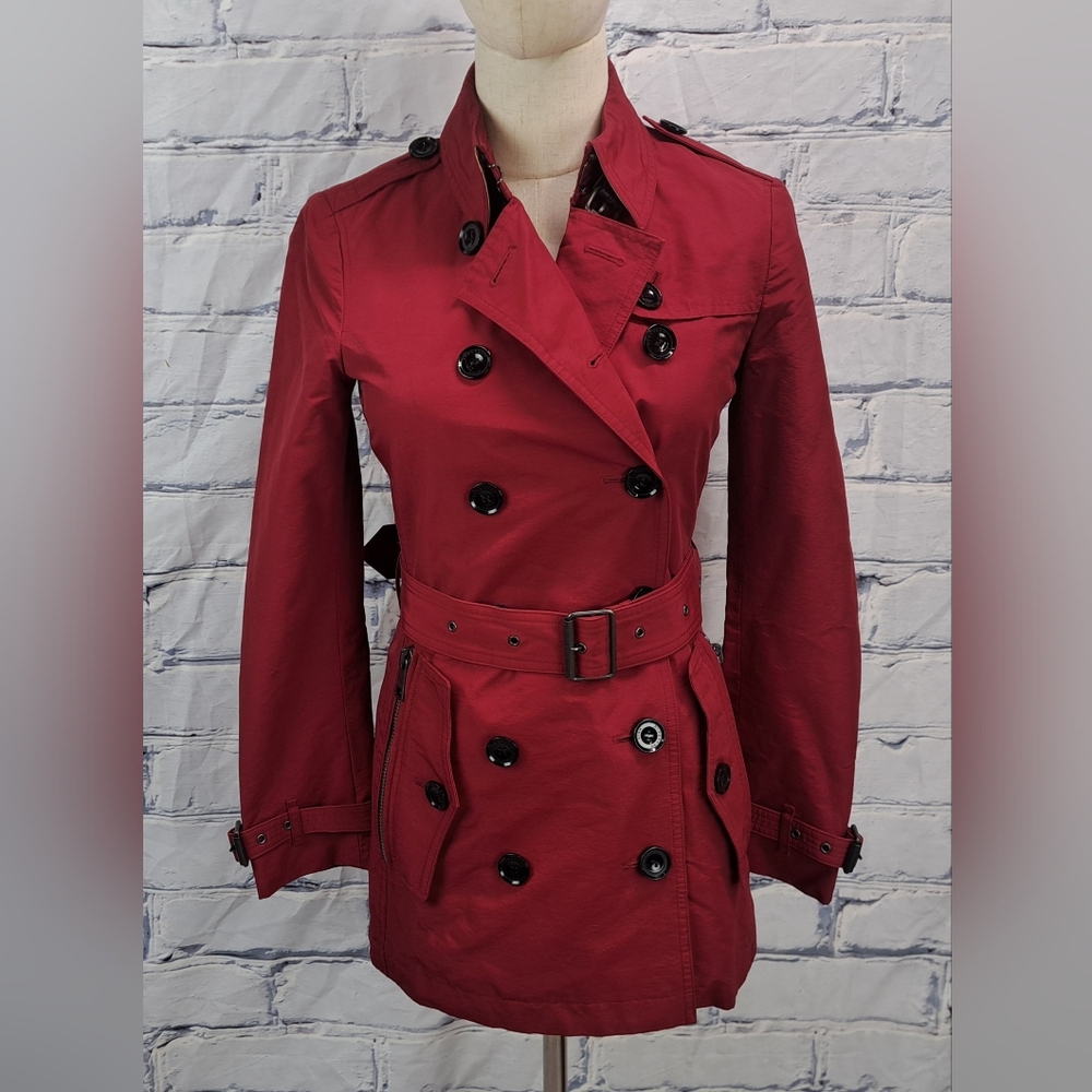 Burberry Women's Trench Coat Jacket Red Brookesby Short Length Size 2 US - Picture 2 of 16